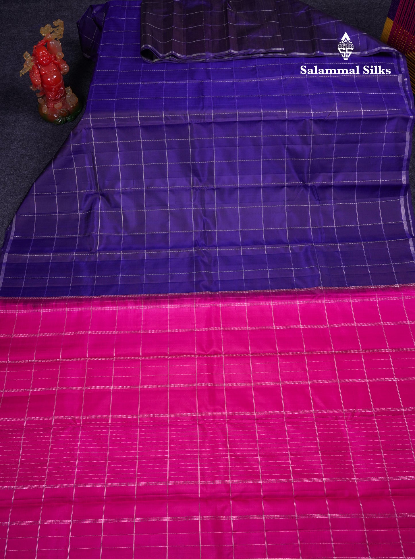 Beautiful Violet Checks Fancy Pure Kanjivaram Silk Saree With Contrast Pink Blouse