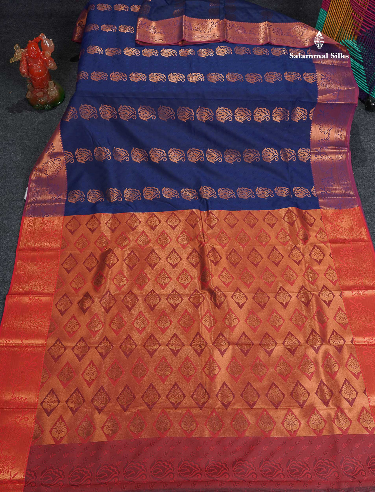 Semi Silk Saree - Navy Blue Colour Body With Contrast Maroon Blouse