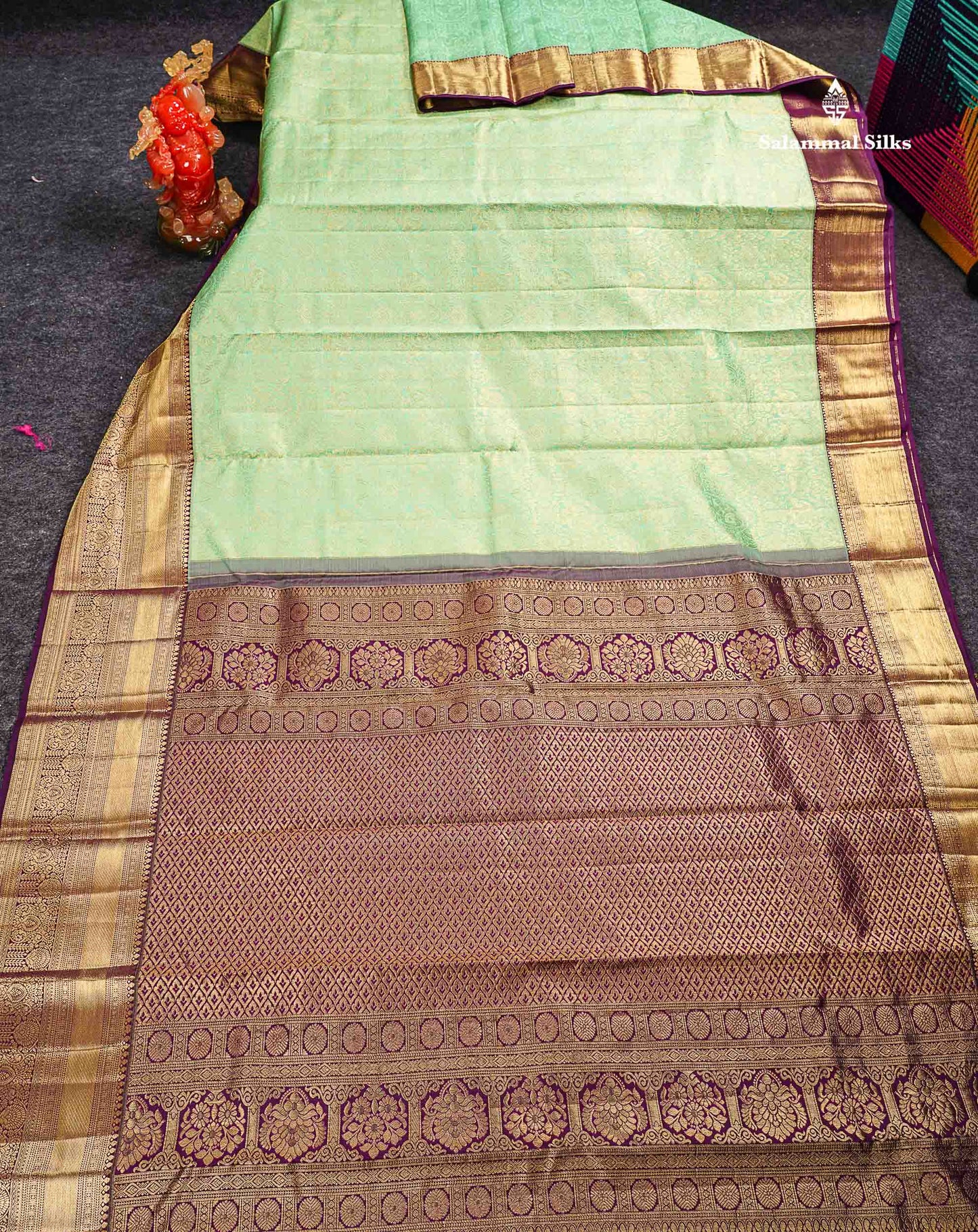 Pure Mix Silk Saree - Rexona Green Bridal Along With Contrast Dark Purple Traditional Evening Morning Border