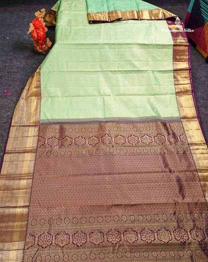 Pure Mix Silk Saree - Rexona Green Bridal Along With Contrast Dark Purple Traditional Evening Morning Border