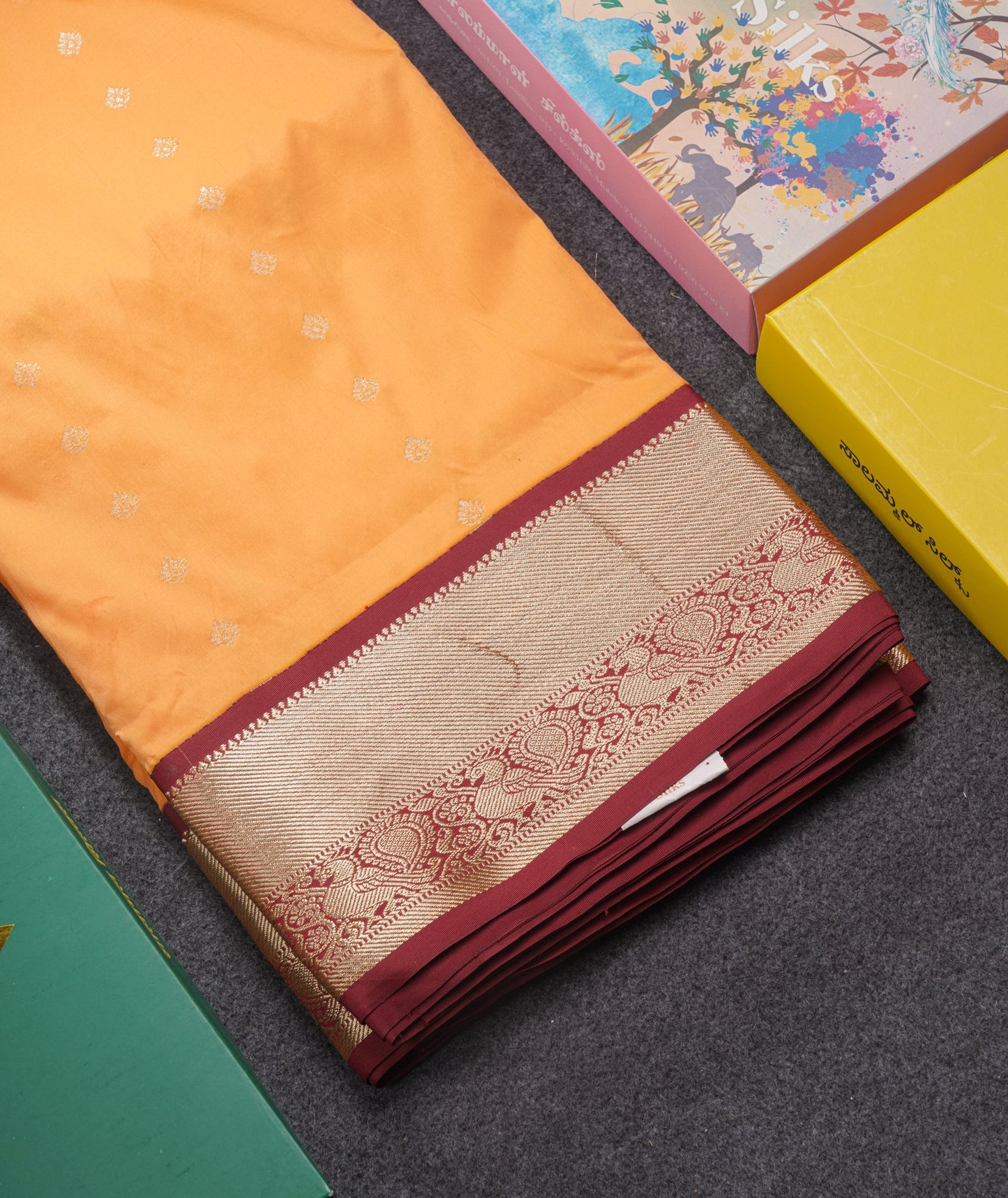 9 Yards Semi Silk Saree Light Orange With Contrast Maroon Border
