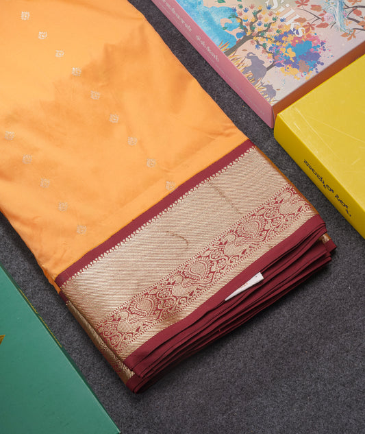 9 Yards Semi Silk Saree Light Orange With Contrast Maroon Border