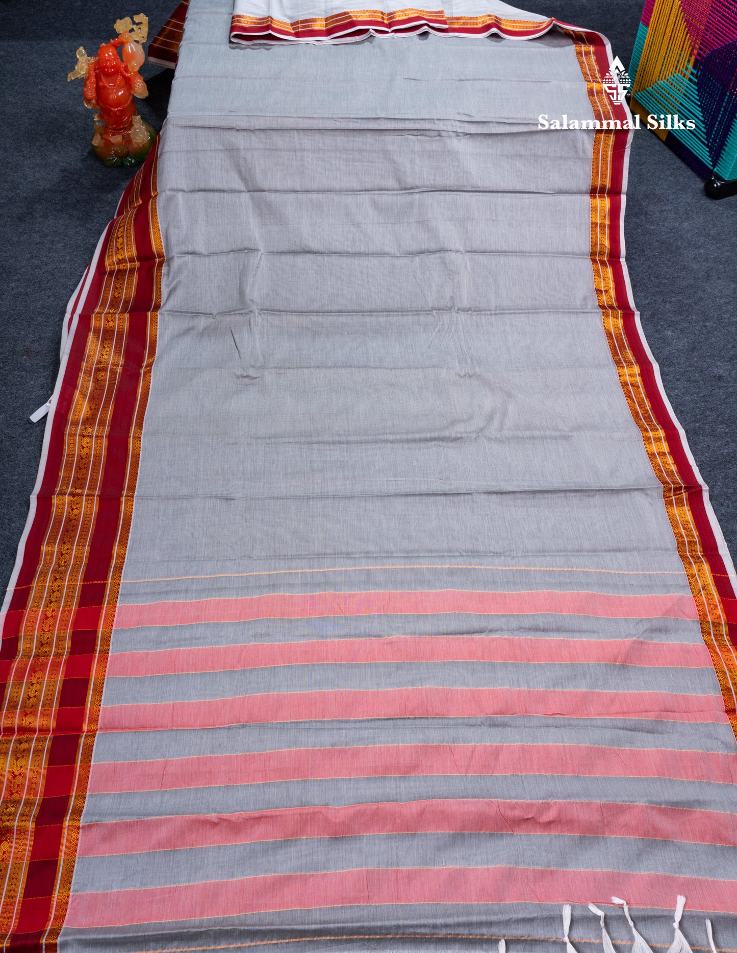 Grey White Plain Semi Cotton Saree With Contrast Maroon Traditional Border