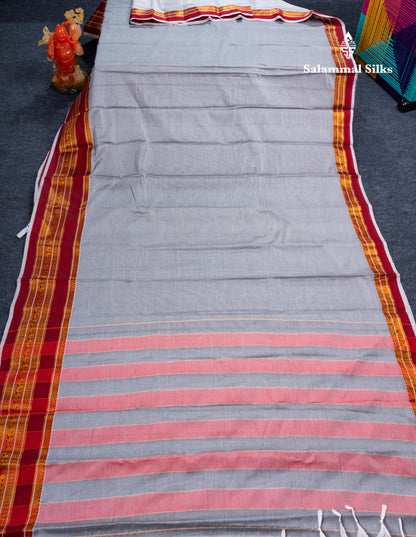 Grey White Plain Semi Cotton Saree With Contrast Maroon Traditional Border