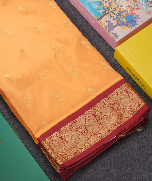 9 Yards Semi Silk Saree Light Orange With Contrast Maroon Border