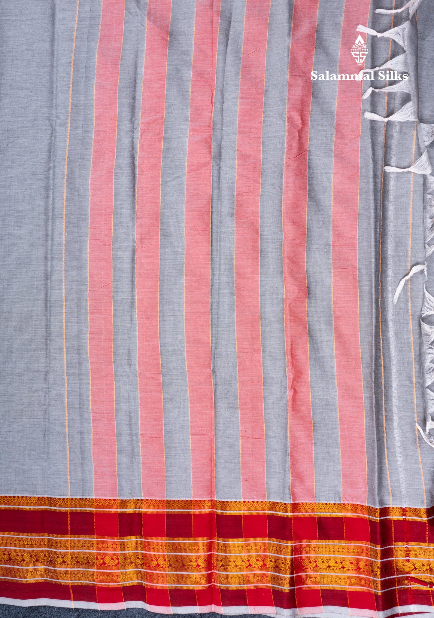 Grey White Plain Semi Cotton Saree With Contrast Maroon Traditional Border