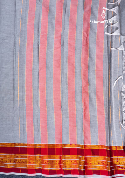 Grey White Plain Semi Cotton Saree With Contrast Maroon Traditional Border