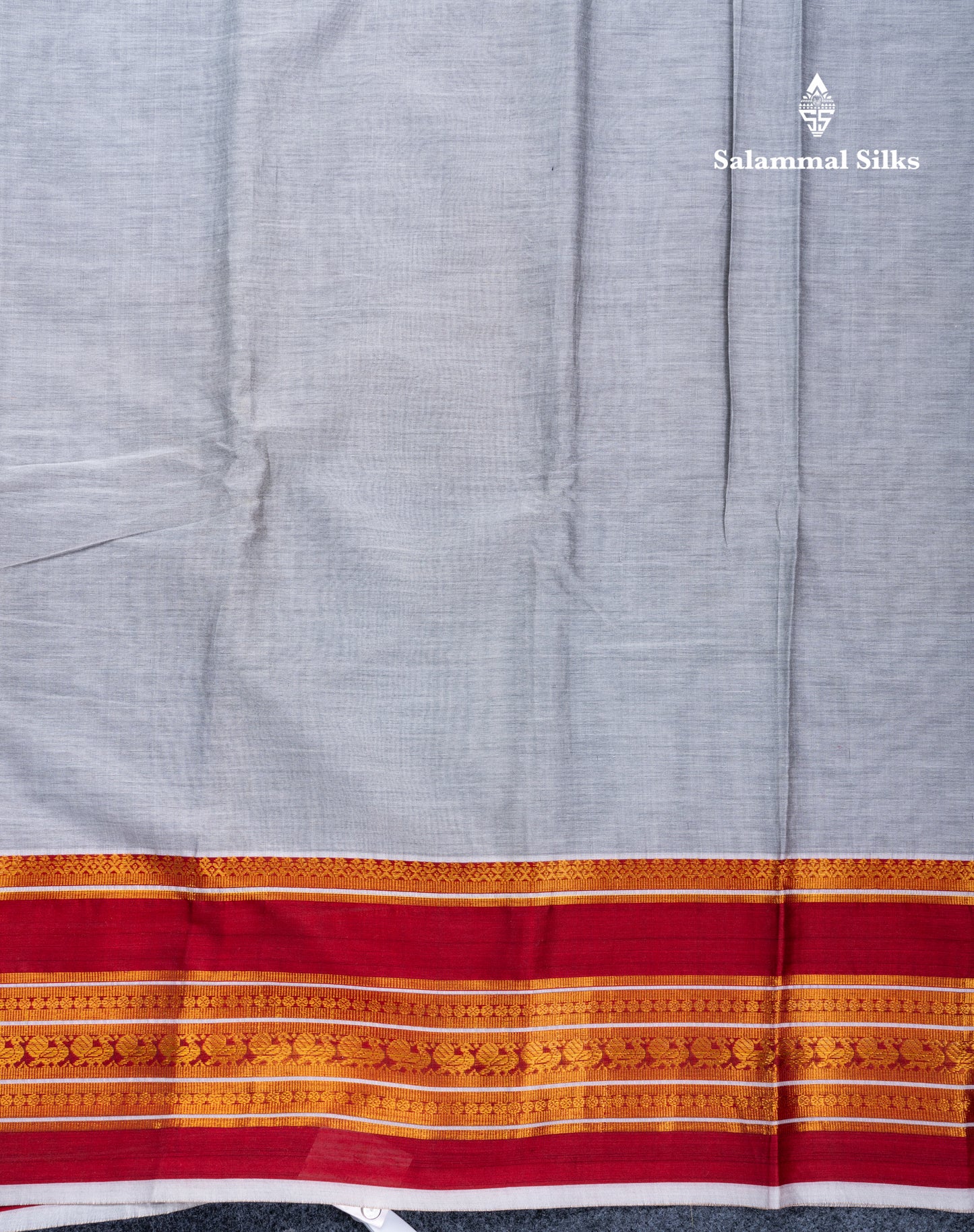 Grey White Plain Semi Cotton Saree With Contrast Maroon Traditional Border