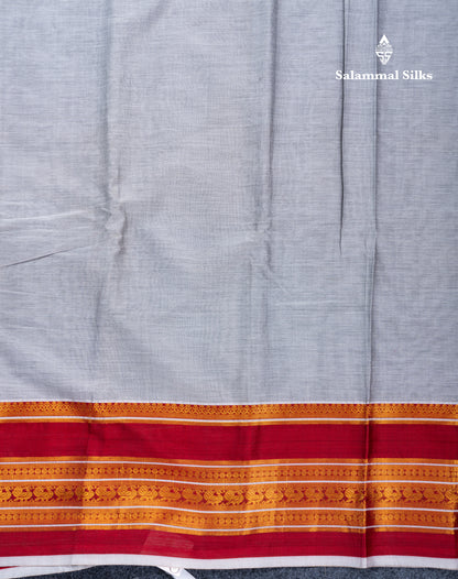 Grey White Plain Semi Cotton Saree With Contrast Maroon Traditional Border