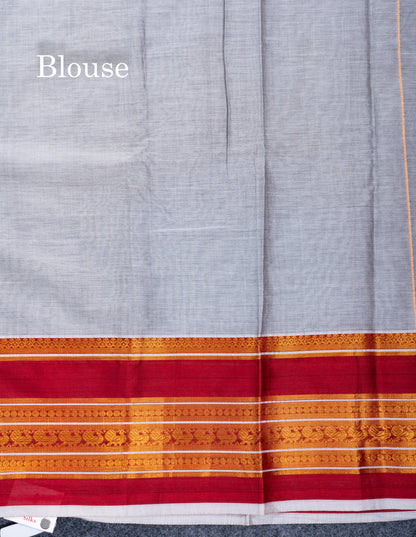 Grey White Plain Semi Cotton Saree With Contrast Maroon Traditional Border