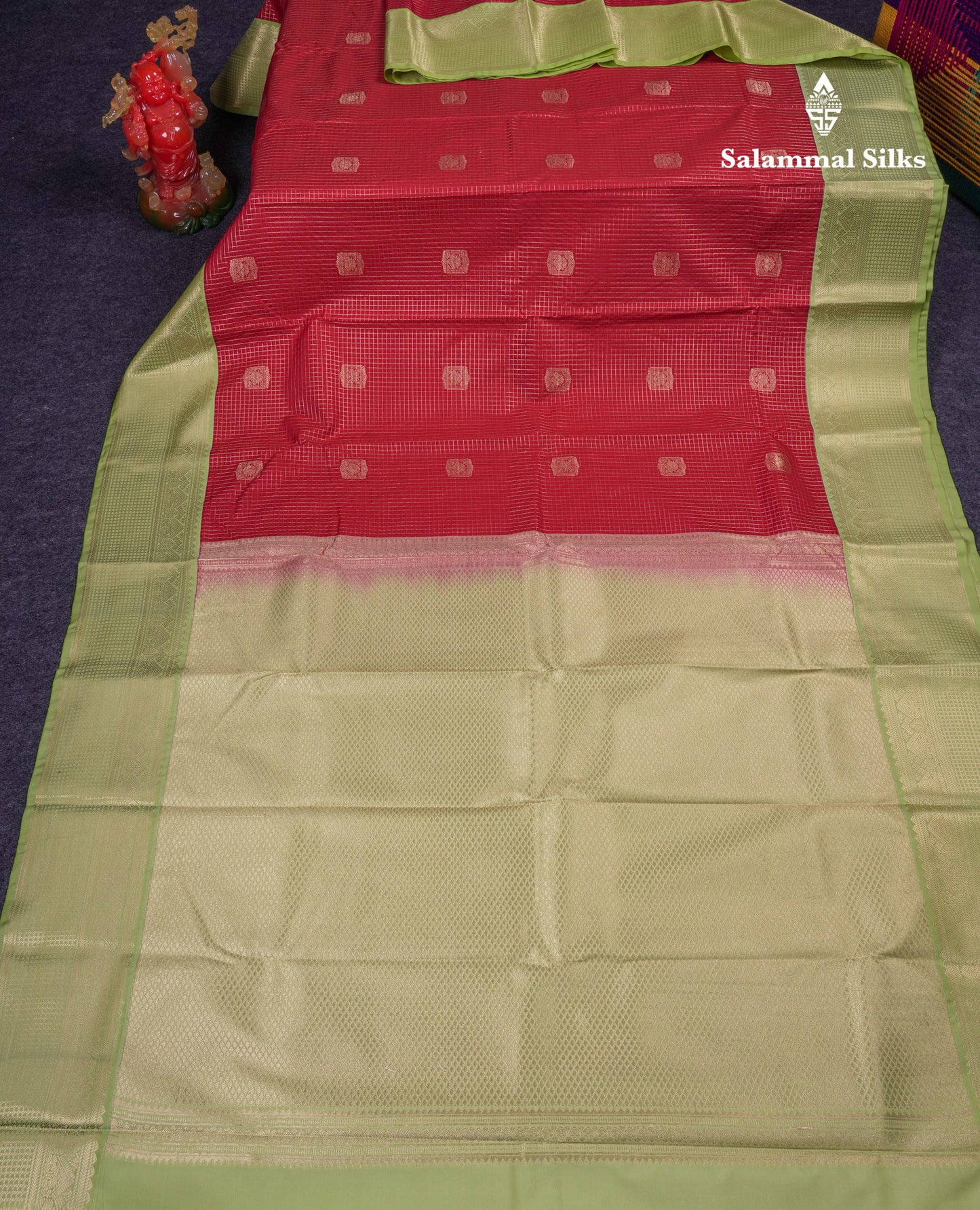Beautiful Reddish Maroon Small Zari Checks With Butta Semi Silk Saree With Contrast Pista Green Border