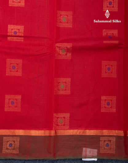 Chilly Red Menakari Work SICO Cotton Saree With Contrast Bottle Green Blouse