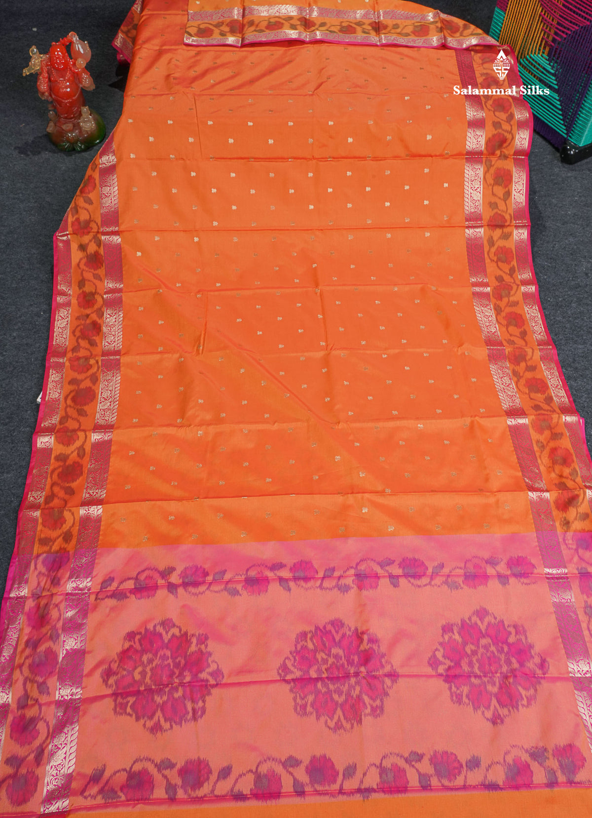 Semi Silk Saree - Orange Colour Body Zari Butta With Pochampally Fancy Border 