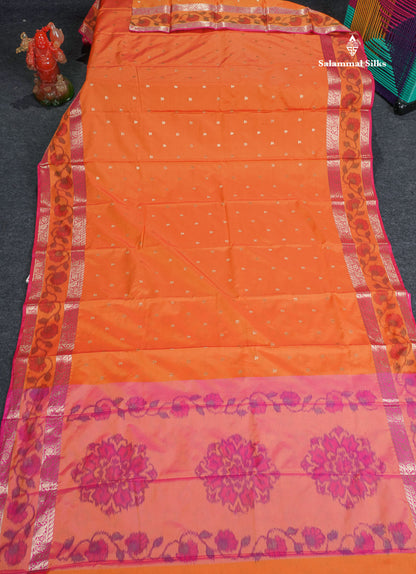 Semi Silk Saree - Orange Colour Body Zari Butta With Pochampally Fancy Border 