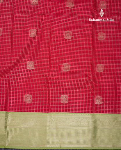 Beautiful Reddish Maroon Small Zari Checks With Butta Semi Silk Saree With Contrast Pista Green Border