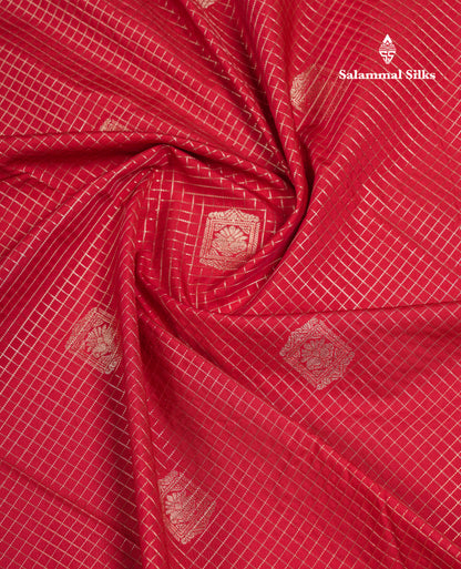Beautiful Reddish Maroon Small Zari Checks With Butta Semi Silk Saree With Contrast Pista Green Border