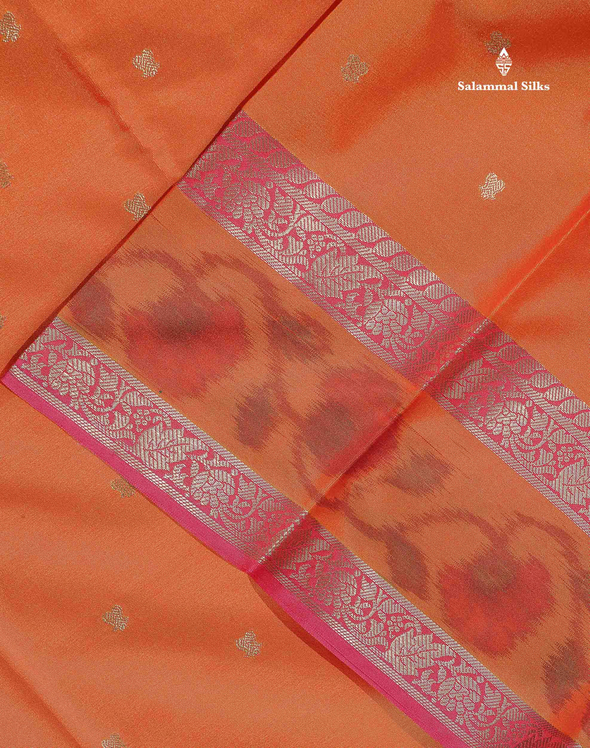 Semi Silk Saree - Orange Colour Body Zari Butta With Pochampally Fancy Border