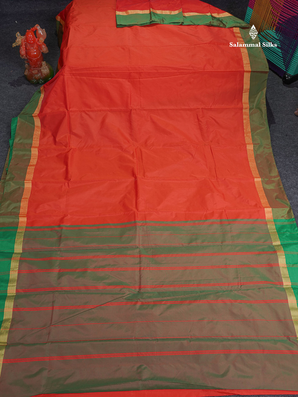 Semi Silk Saree - Orange Colour Body Plain With Dual Tone Green Border 