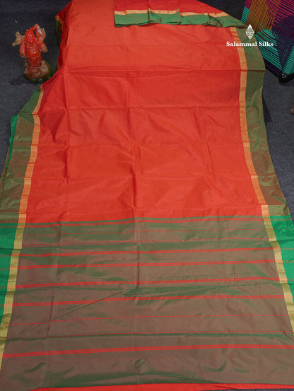 Semi Silk Saree - Orange Colour Body Plain With Dual Tone Green Border 