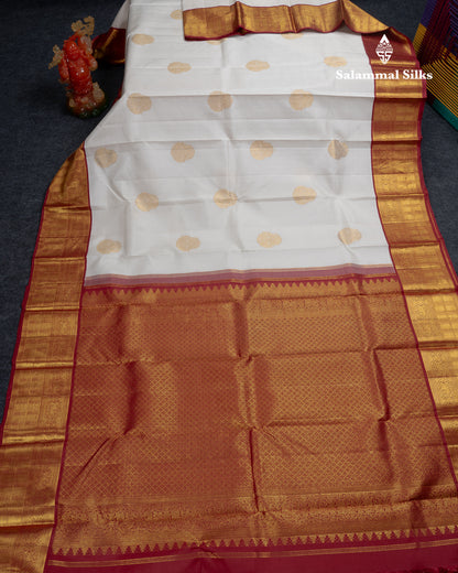 Korvai Beautiful White Pure Kanjivaram Silk Saree White With Contrast Maroon Traditional Border
