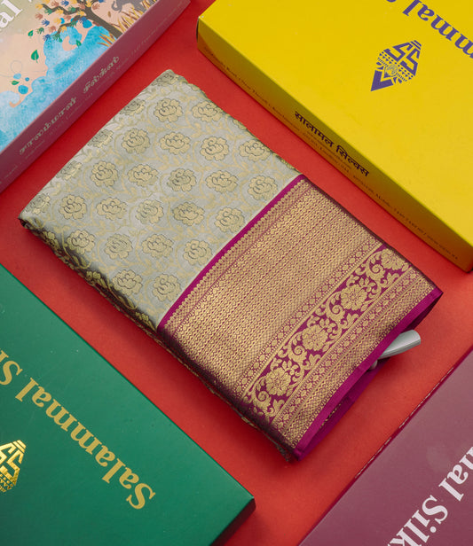Light Grey Bridal Pure Kanjivaram Silk Saree With Contrast Magenta Border