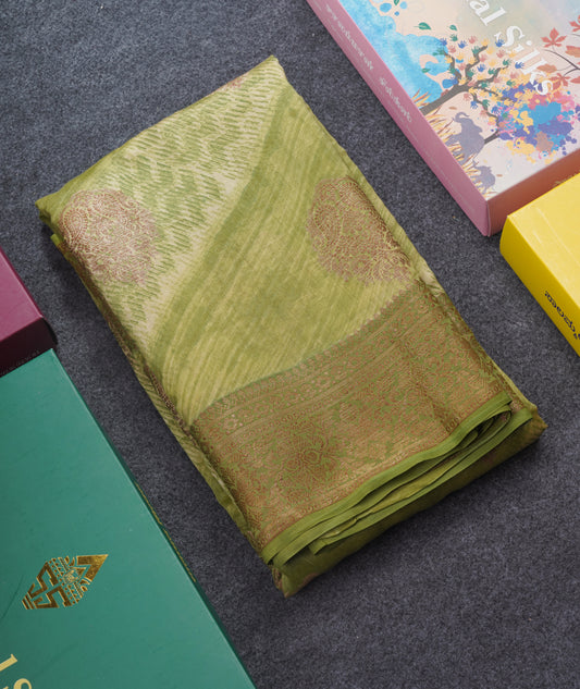 Army Green Chanderi Cotton Saree With Grand Blouse
