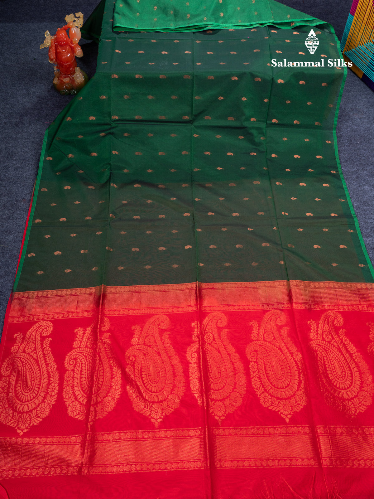 Bottle Green Beautiful Sico Cotton Saree With Contrast Chilly Red Blouse