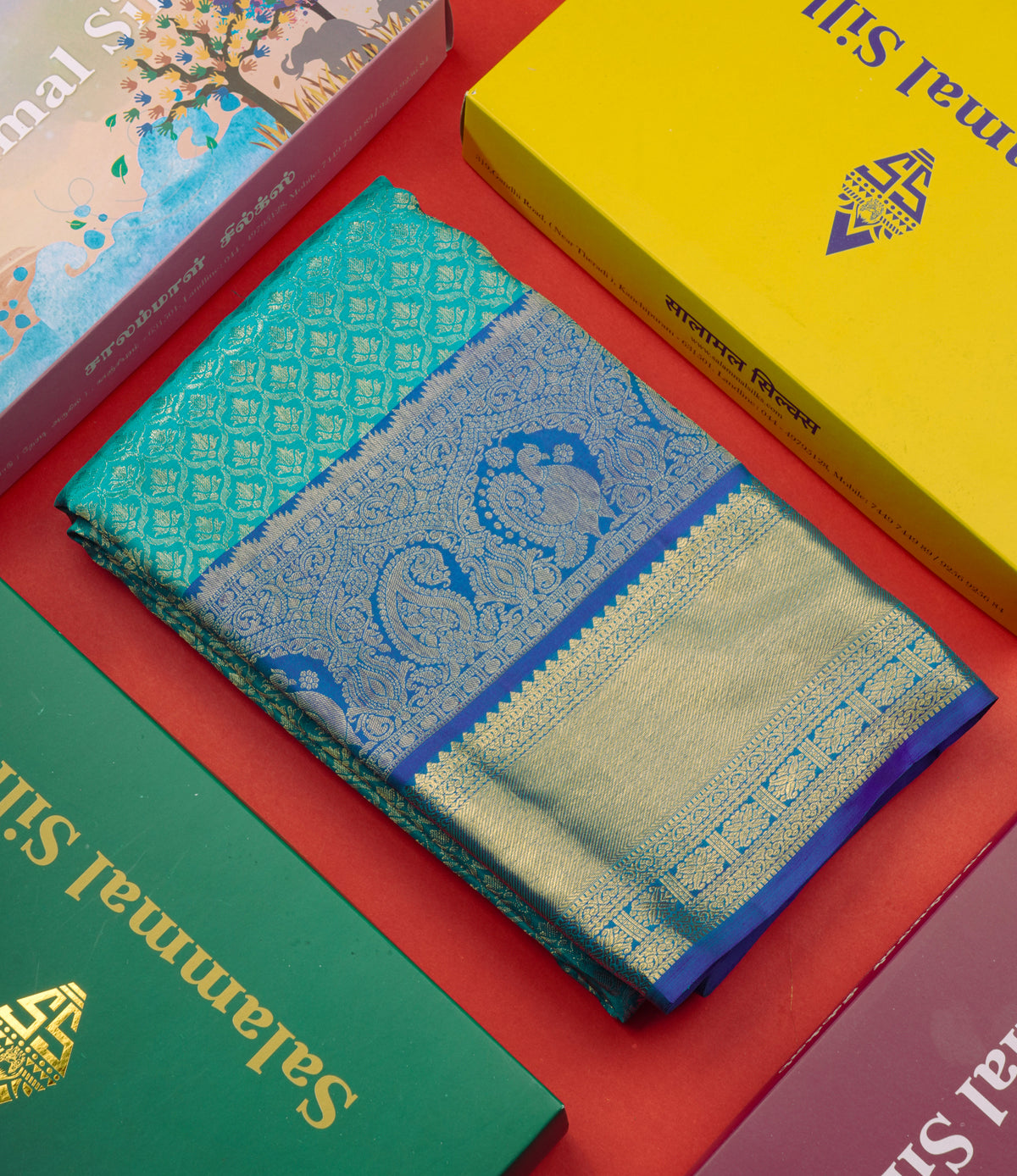 Sapphire Green Bridal Pure Kanjivaram Silk Saree With Contrast Royal Blue Border