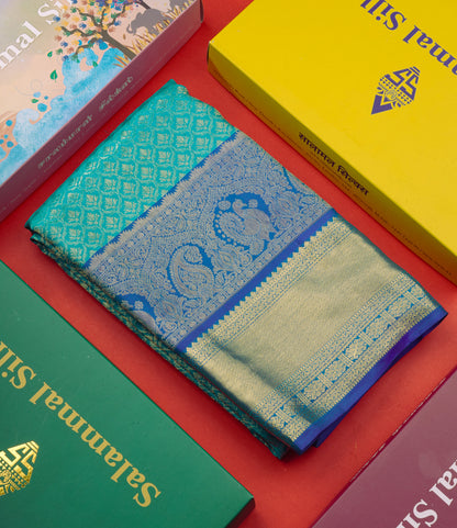 Sapphire Green Bridal Pure Kanjivaram Silk Saree With Contrast Royal Blue Border