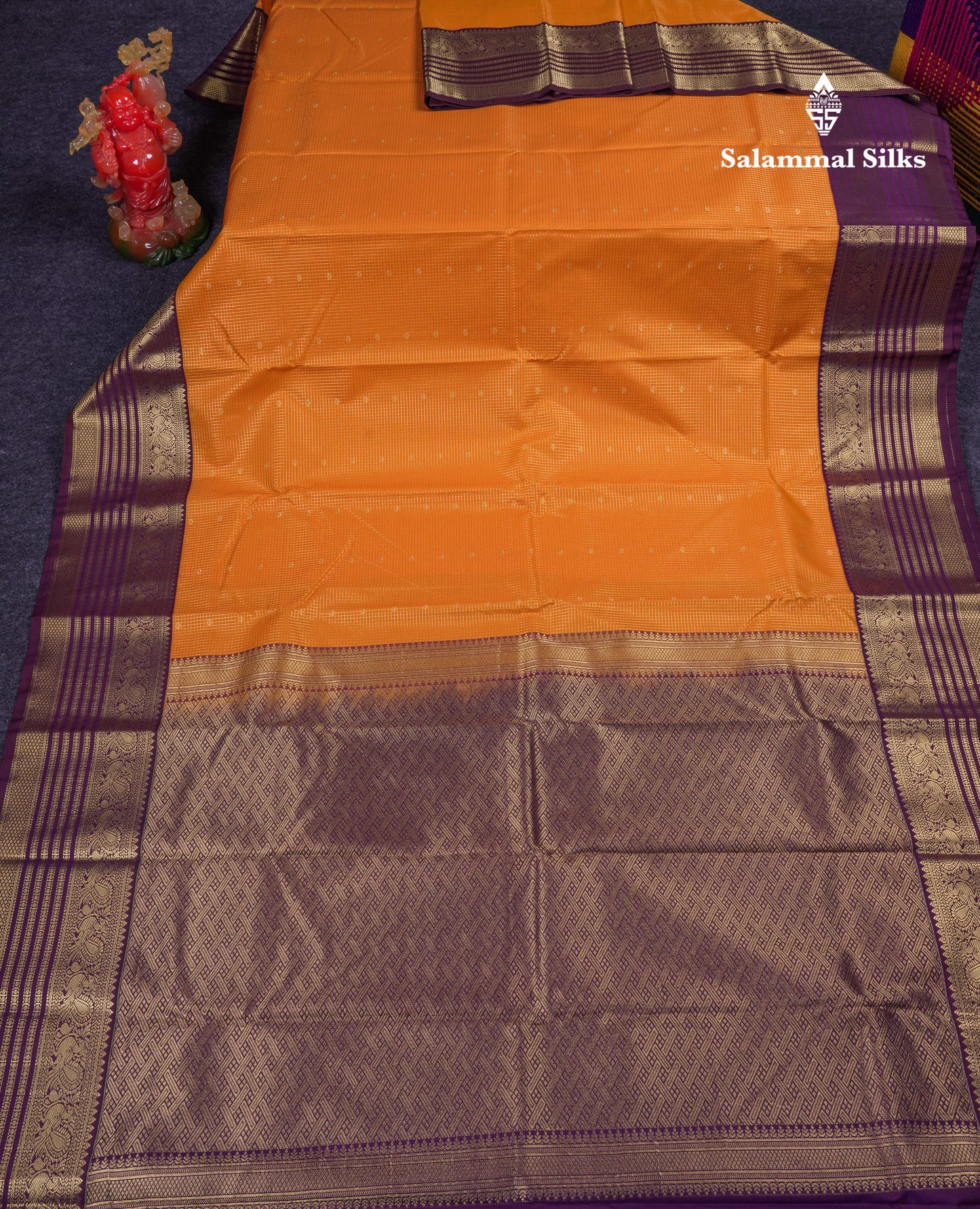 Beautiful Mustard Yellow Small Zari Checks With Butta Semi Silk Saree With Contrast Dark Purple Traditional Border