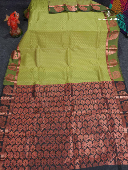 Semi Silk Saree - Pista Green Colour Body With Contrast Black Blouse