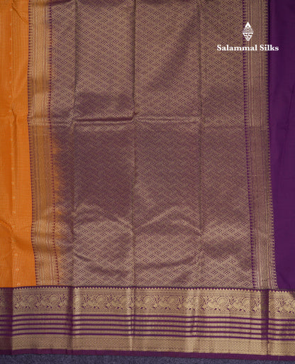 Beautiful Mustard Yellow Small Zari Checks With Butta Semi Silk Saree With Contrast Dark Purple Traditional Border