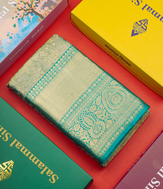 Light Green Tissue Bridal Pure Kanjivaram Silk Saree With Contrast Sapphire Green Border