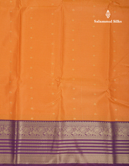 Beautiful Mustard Yellow Small Zari Checks With Butta Semi Silk Saree With Contrast Dark Purple Traditional Border