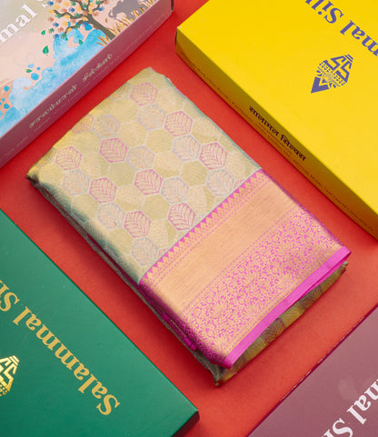 Light Green Colour Pure Kanjivaram Tissue Silk Saree with Pink Border