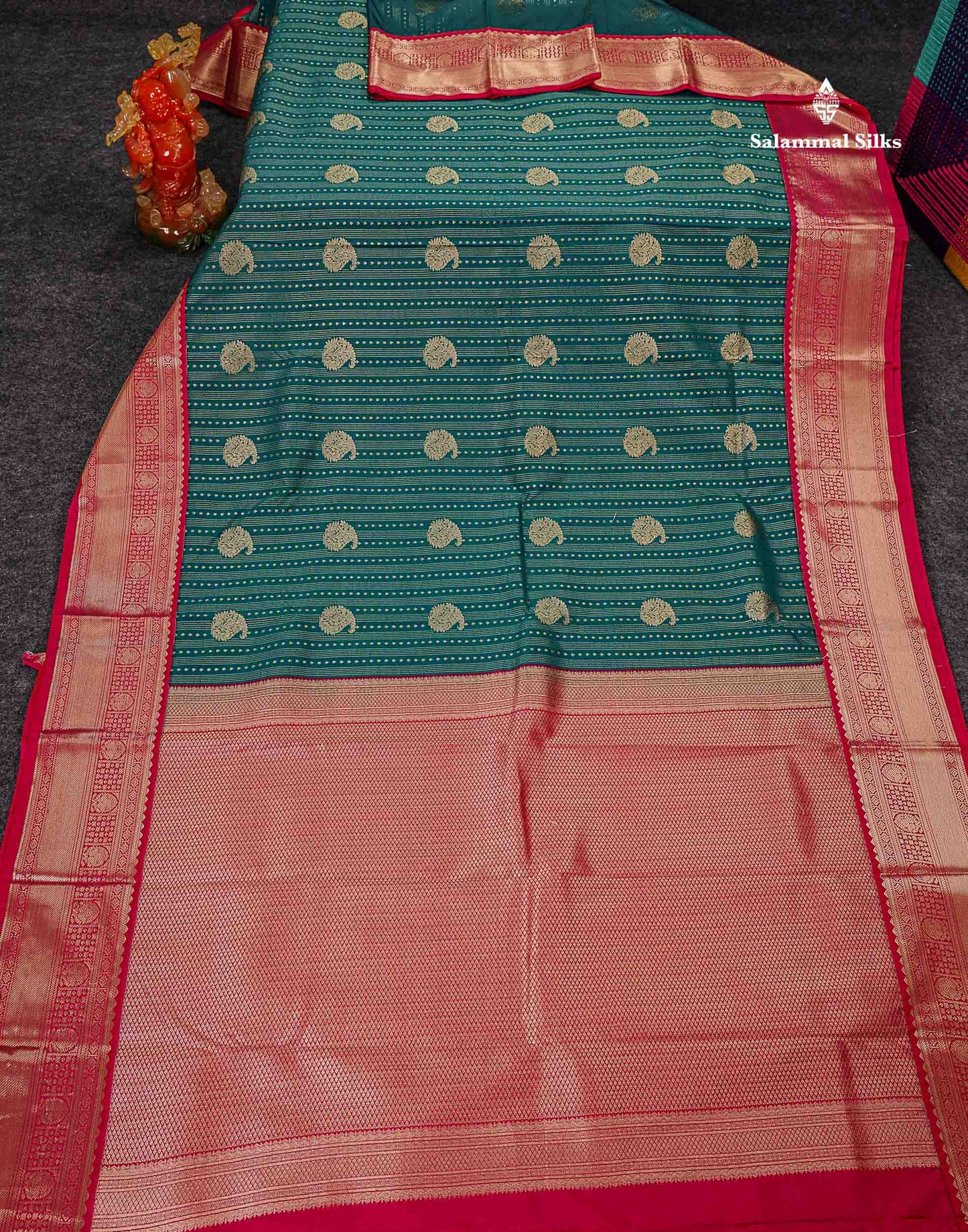 Semi Silk Saree - Bottle Green Butta With Lines Along With Contrast Mustard Yellow Traditional Border