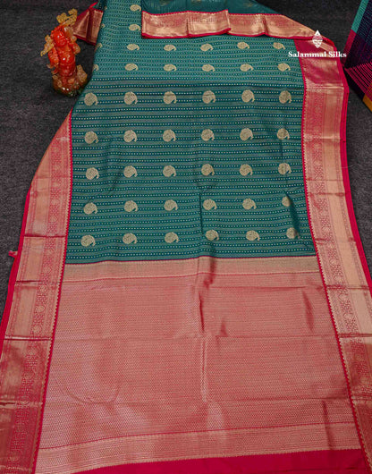Semi Silk Saree - Bottle Green Butta With Lines Along With Contrast Mustard Yellow Traditional Border