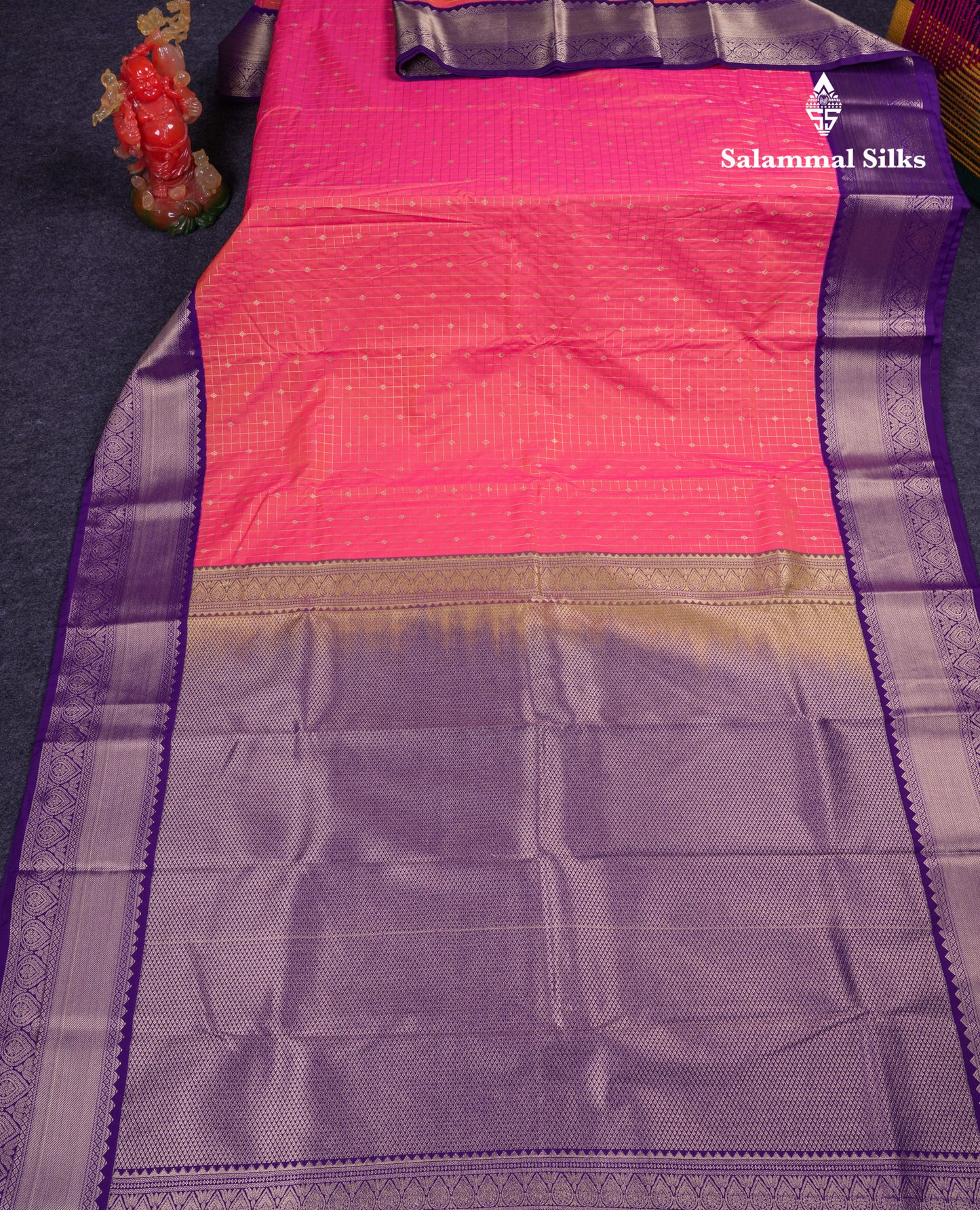 Beautiful Dual Tone Pink Small Zari Checks With Butta Semi Silk Saree With Contrast Violet Border