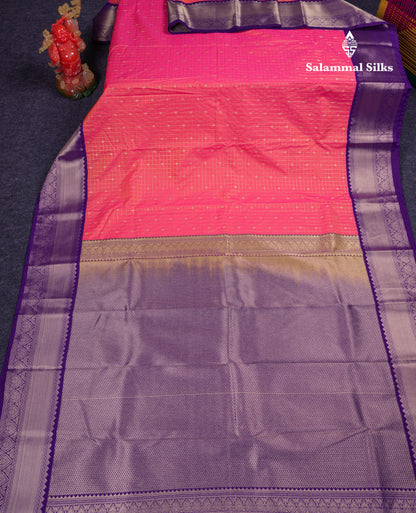 Beautiful Dual Tone Pink Small Zari Checks With Butta Semi Silk Saree With Contrast Violet Border