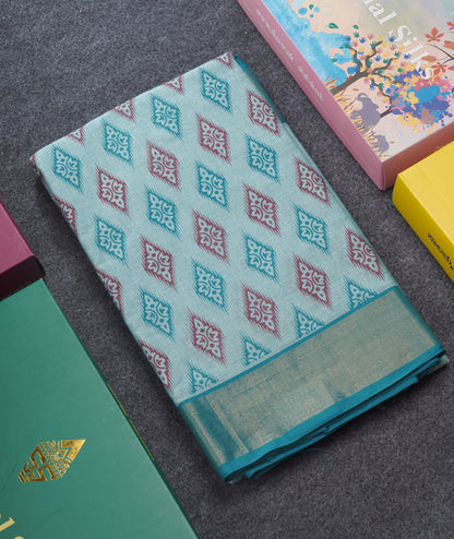 Pastel Blue Colour Printed Pure Cotton Saree With Ribbon Border