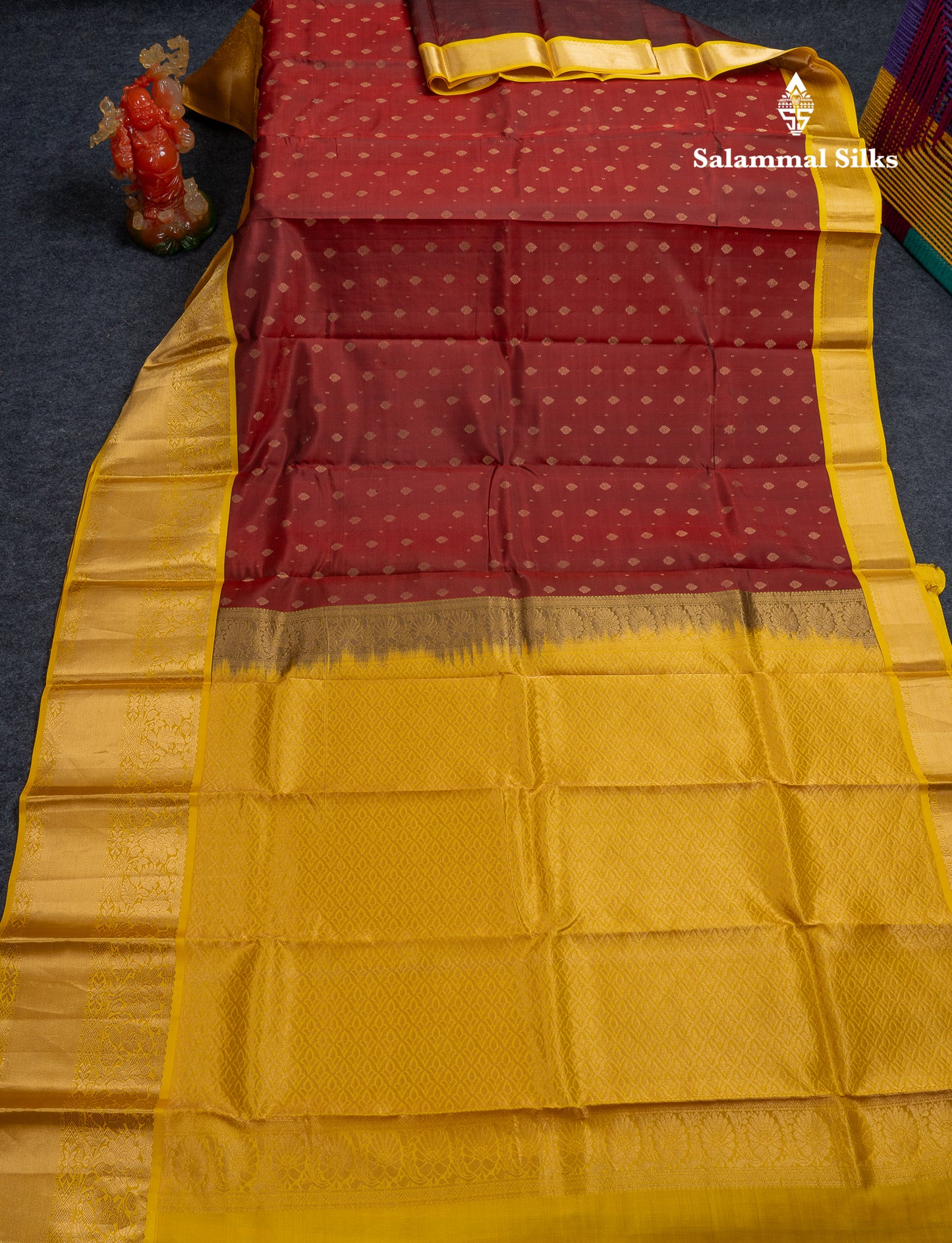Beautiful Maroon Pure Kanjivaram Silk Saree With Contrast Yellow Traditional Evening Morning Border