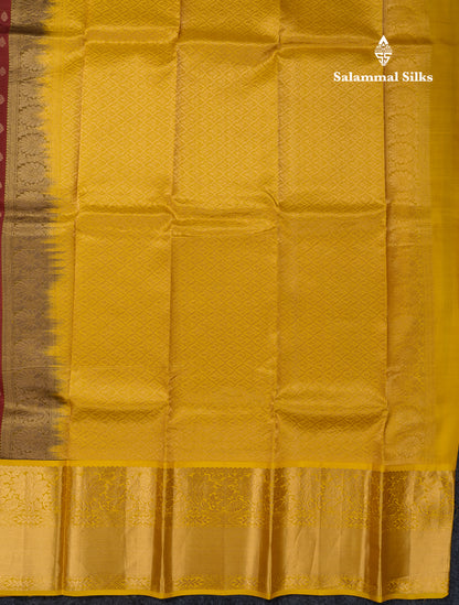 Beautiful Maroon Pure Kanjivaram Silk Saree With Contrast Yellow Traditional Evening Morning Border