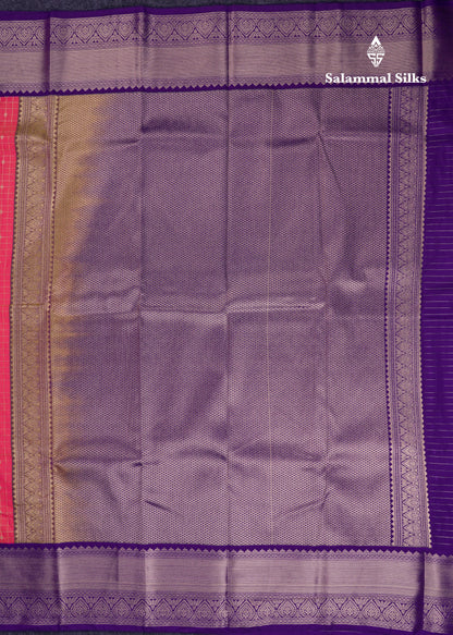 Beautiful Dual Tone Pink Small Zari Checks With Butta Semi Silk Saree With Contrast Violet Border
