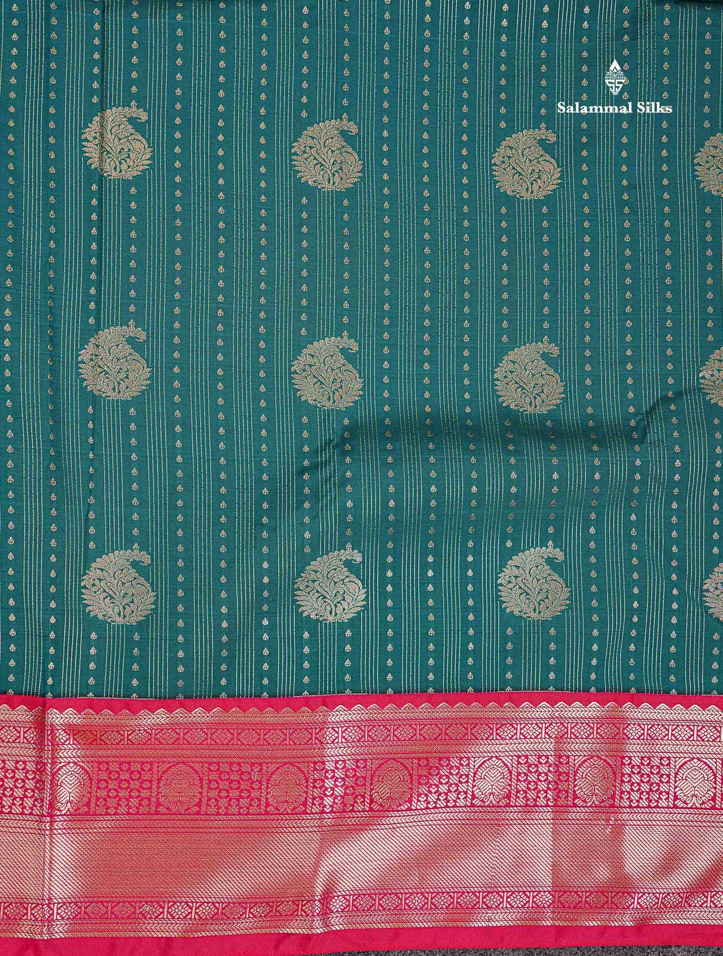Semi Silk Saree - Bottle Green Butta With Lines Along With Contrast Mustard Yellow Traditional Border