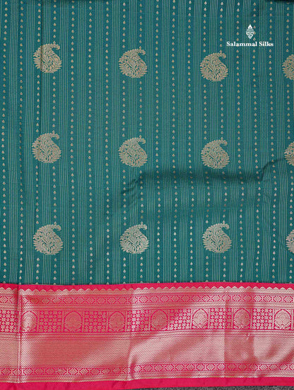 Semi Silk Saree - Bottle Green Butta With Lines Along With Contrast Mustard Yellow Traditional Border