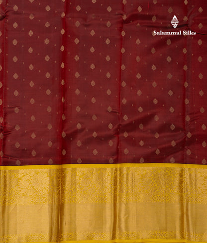 Beautiful Maroon Pure Kanjivaram Silk Saree With Contrast Yellow Traditional Evening Morning Border