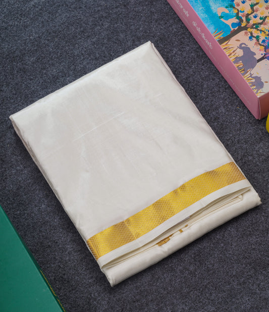 White Pure Silk Dhoti (9x5) Yards with Gold Zari Border