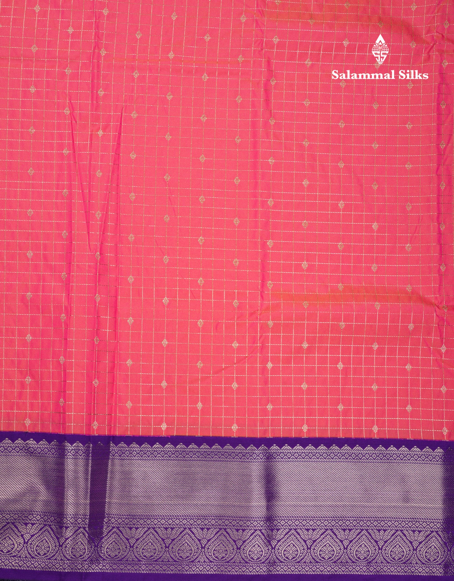 Beautiful Dual Tone Pink Small Zari Checks With Butta Semi Silk Saree With Contrast Violet Border