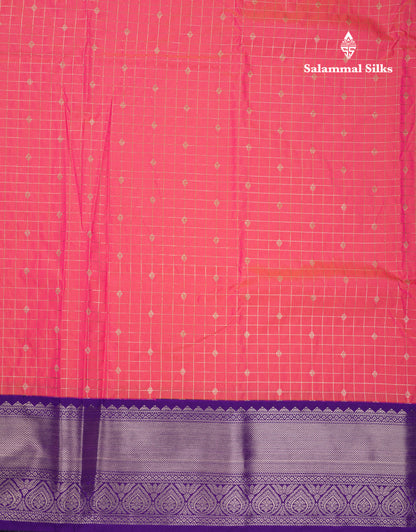 Beautiful Dual Tone Pink Small Zari Checks With Butta Semi Silk Saree With Contrast Violet Border