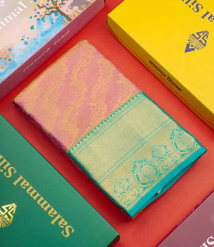 Pink Color Kanjivaram Pure Silk Saree with Saphire Green Border and Blouse